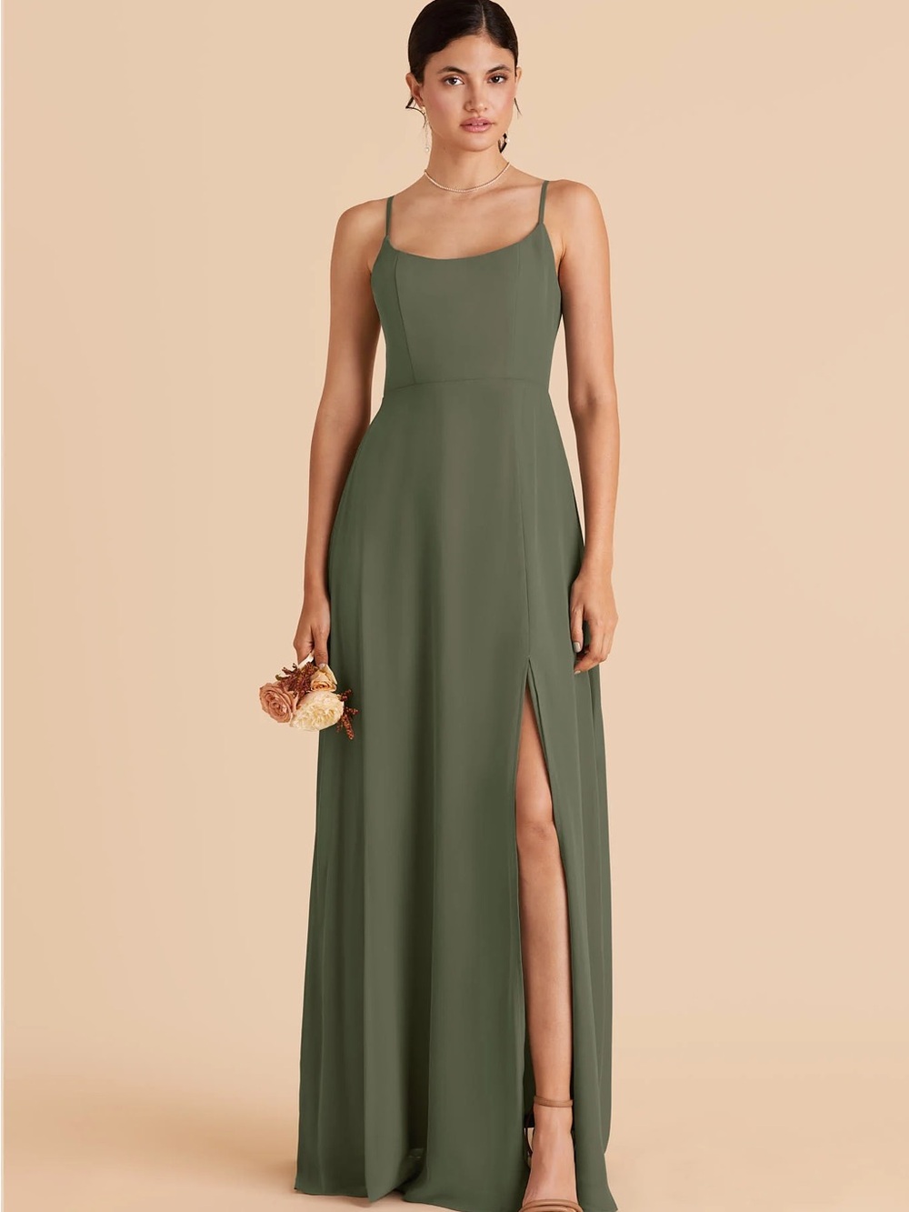 Birdy Grey Amy Olive Chiffon Green Spaghetti-Strap Maxi Dress with Front Slit
